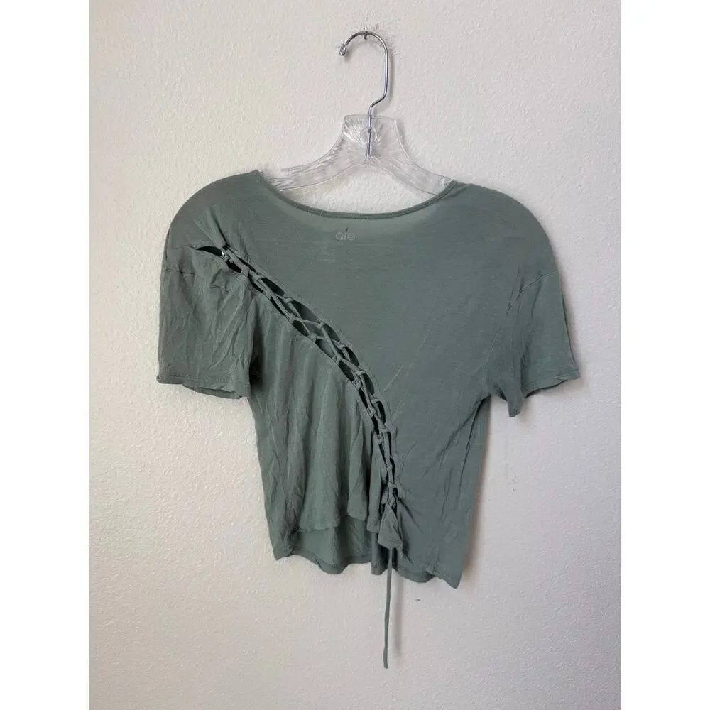Alo Yoga Entwine Lace Back Short Sleeve Sage Green Top Size XS